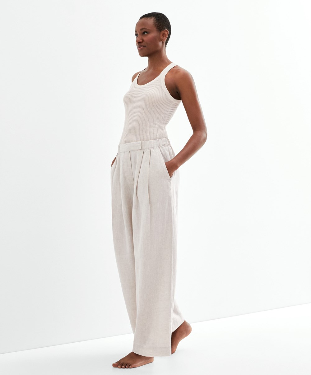 Oysho Relaxed-fit 100% Linen Trousers Sand Melange | IAPF16845