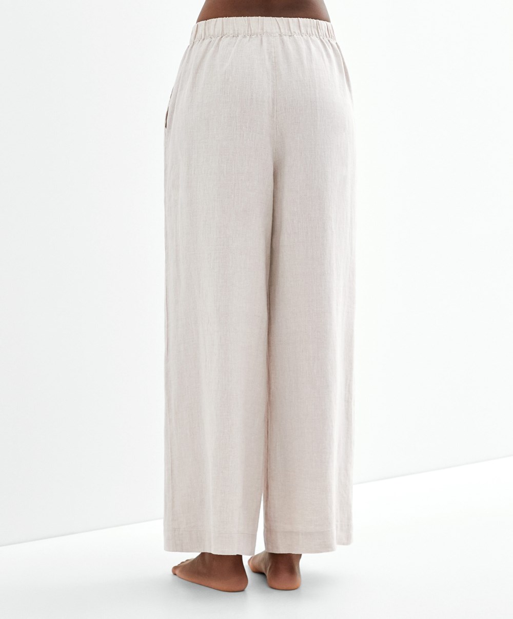 Oysho Relaxed-fit 100% Linen Trousers Sand Melange | IAPF16845