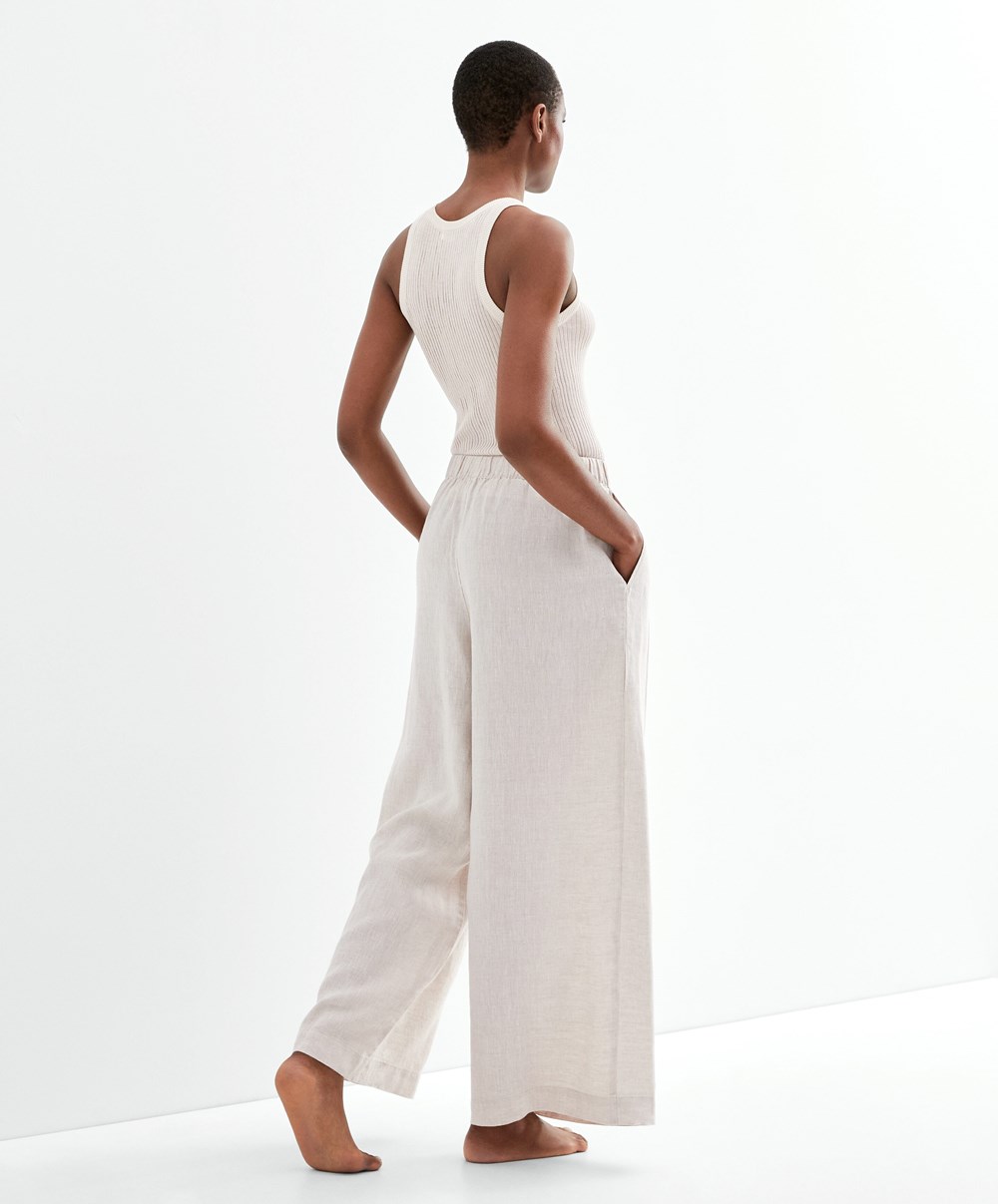 Oysho Relaxed-fit 100% Linen Trousers Sand Melange | IAPF16845