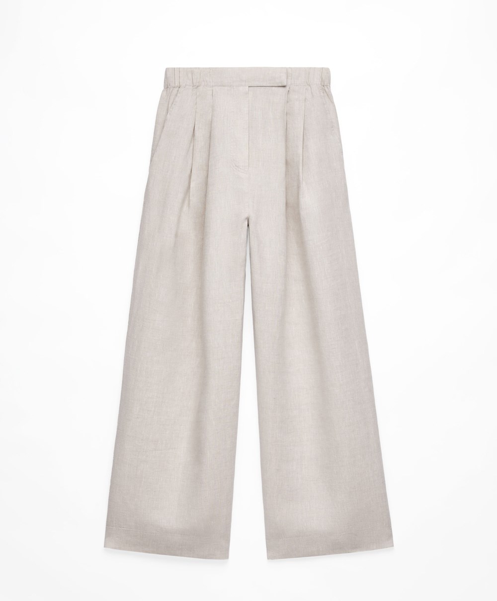 Oysho Relaxed-fit 100% Linen Trousers Sand Melange | IAPF16845