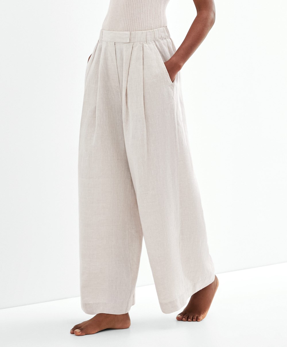 Oysho Relaxed-fit 100% Linen Trousers Sand Melange | IAPF16845