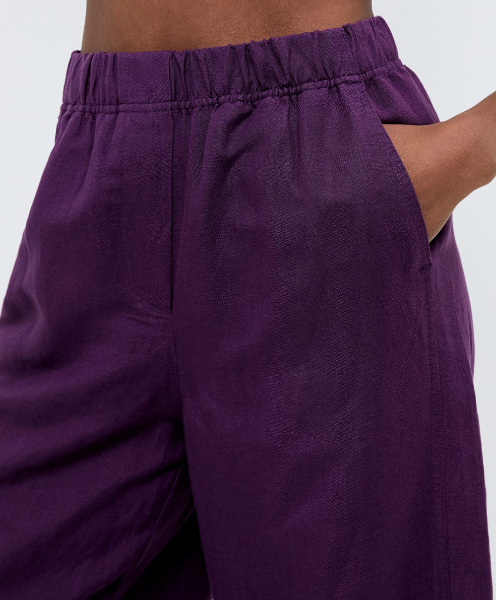 Oysho Rett Cut Linen Trousers Plum | QBIK39582