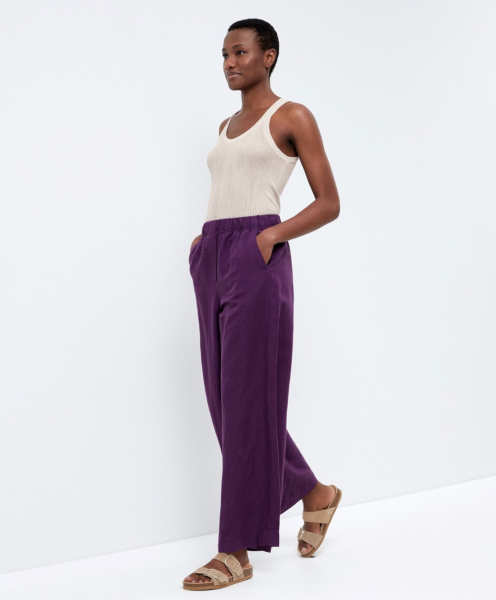 Oysho Rett Cut Linen Trousers Plum | QBIK39582