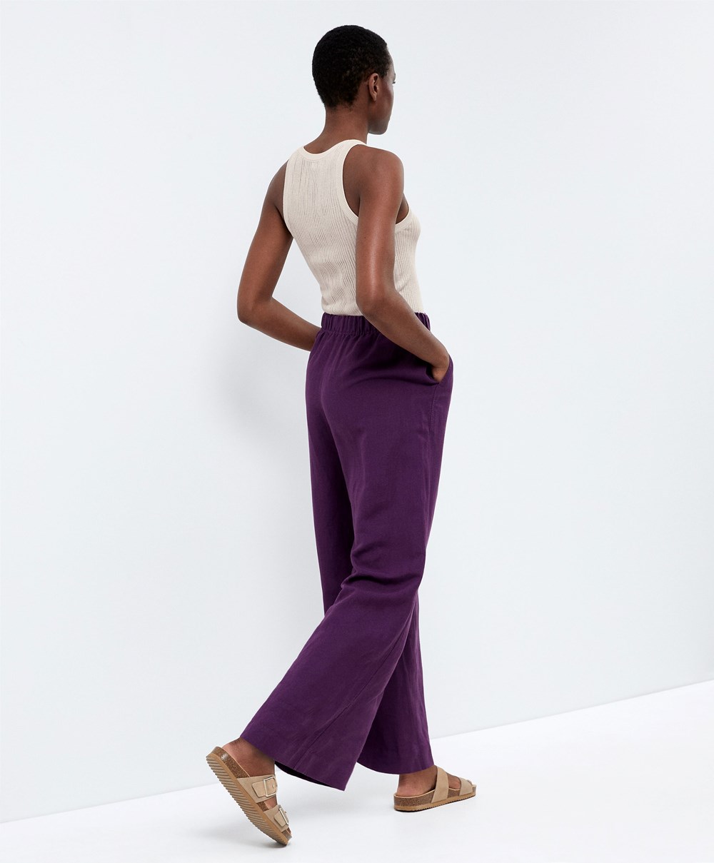 Oysho Rett Cut Linen Trousers Plum | QBIK39582