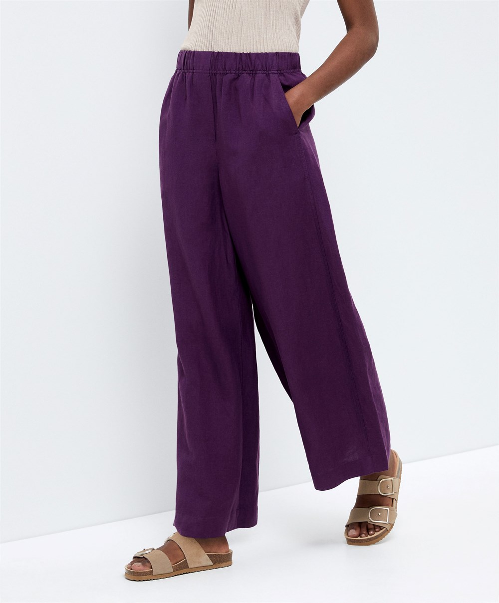 Oysho Rett Cut Linen Trousers Plum | QBIK39582