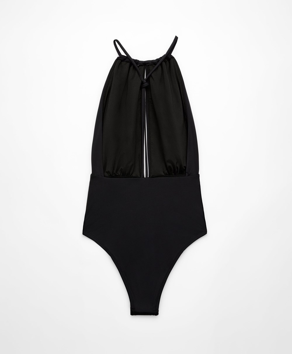 Oysho Ruched Halter Swimsuit Svarte | JTLP42389