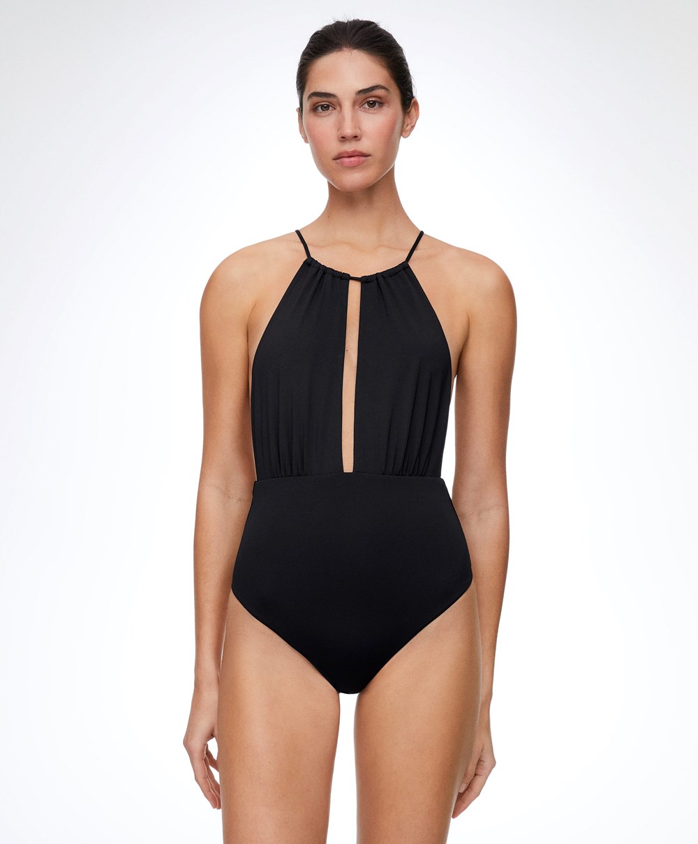 Oysho Ruched Halter Swimsuit Svarte | UTCB75039