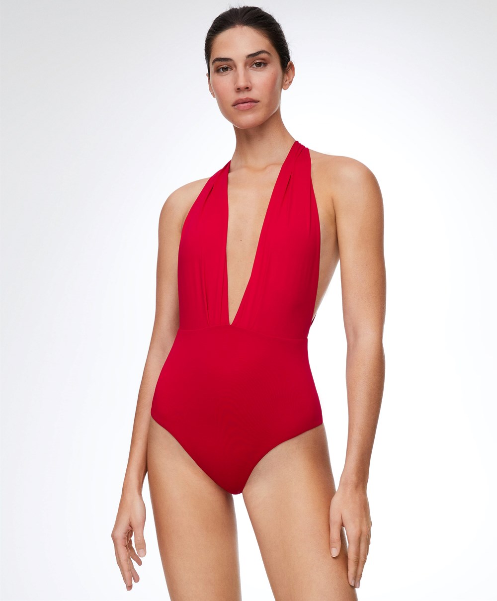 Oysho Ruched Vertical Neck Swimsuit Rød | TYXG64053