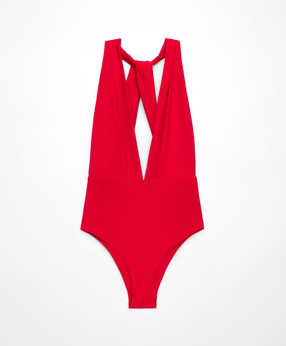 Oysho Ruched Vertical Neck Swimsuit Rød | TYXG64053