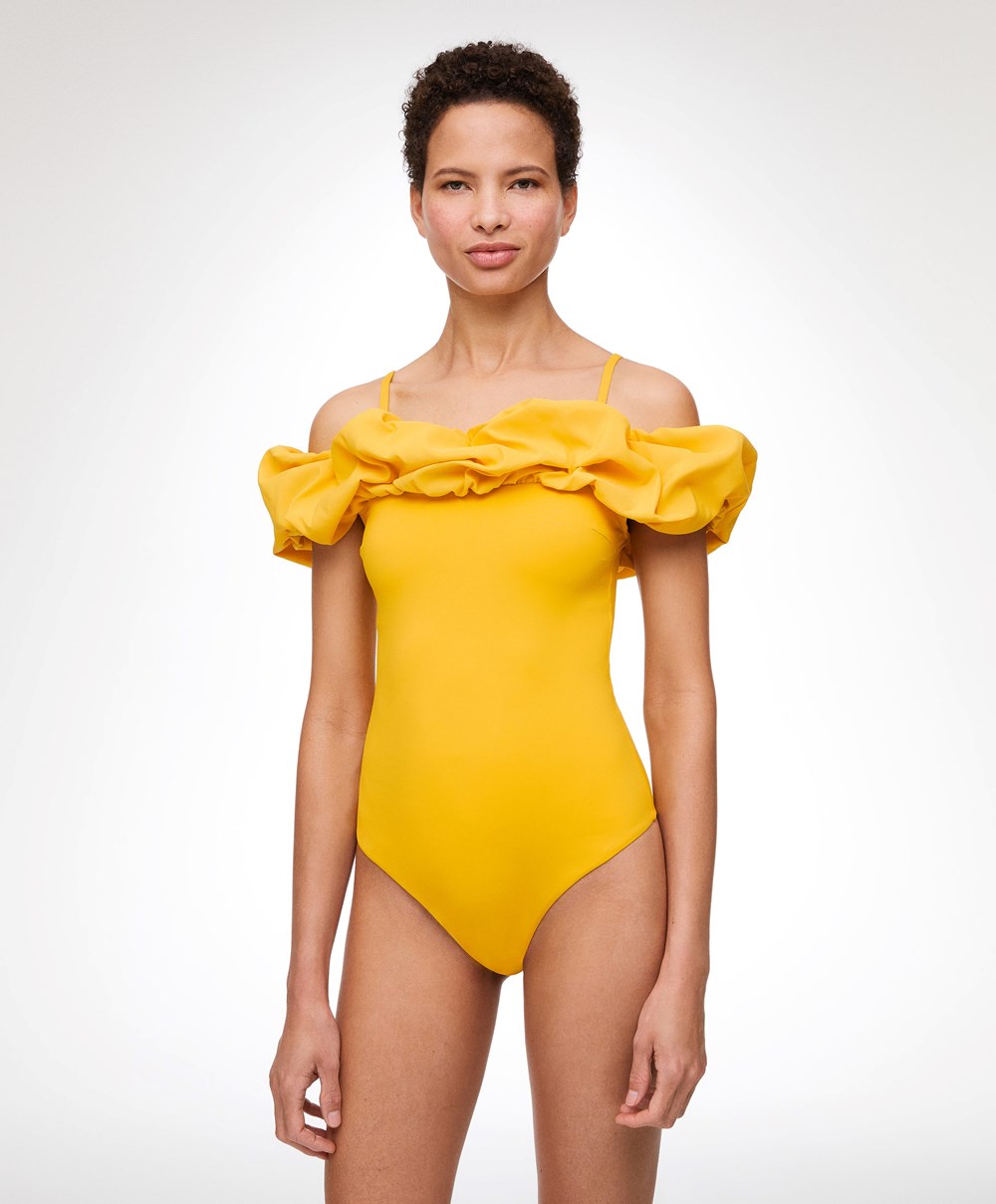 Oysho Ruffle Bandeau Swimsuit Mid-yellow | YMLX62941