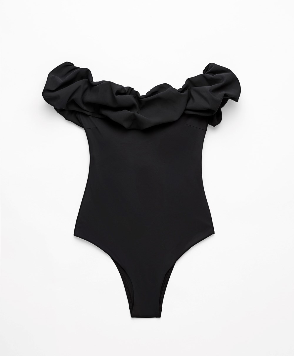 Oysho Ruffle Bandeau Swimsuit Svarte | LIBN59647