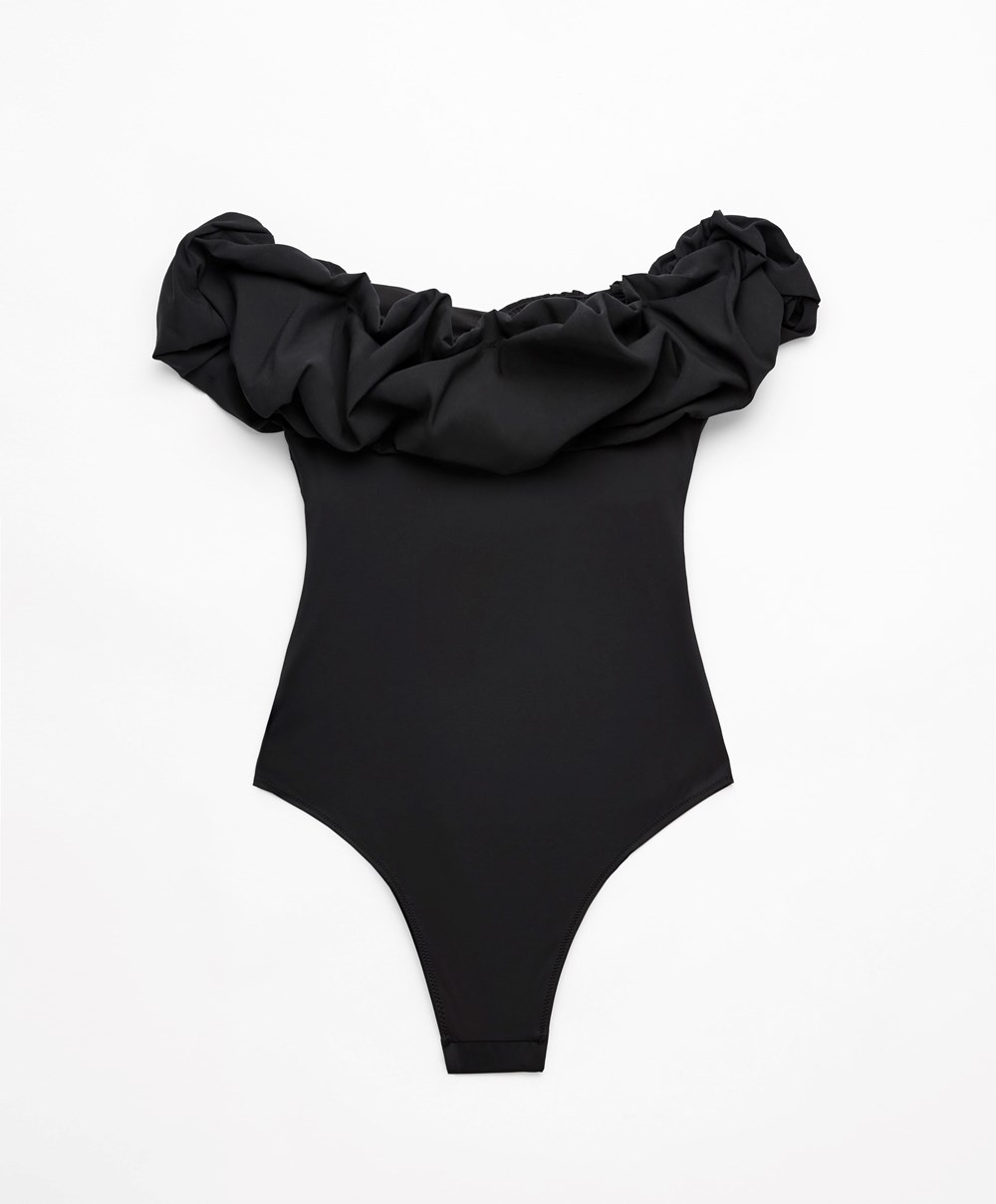 Oysho Ruffle Bandeau Swimsuit Svarte | LIBN59647