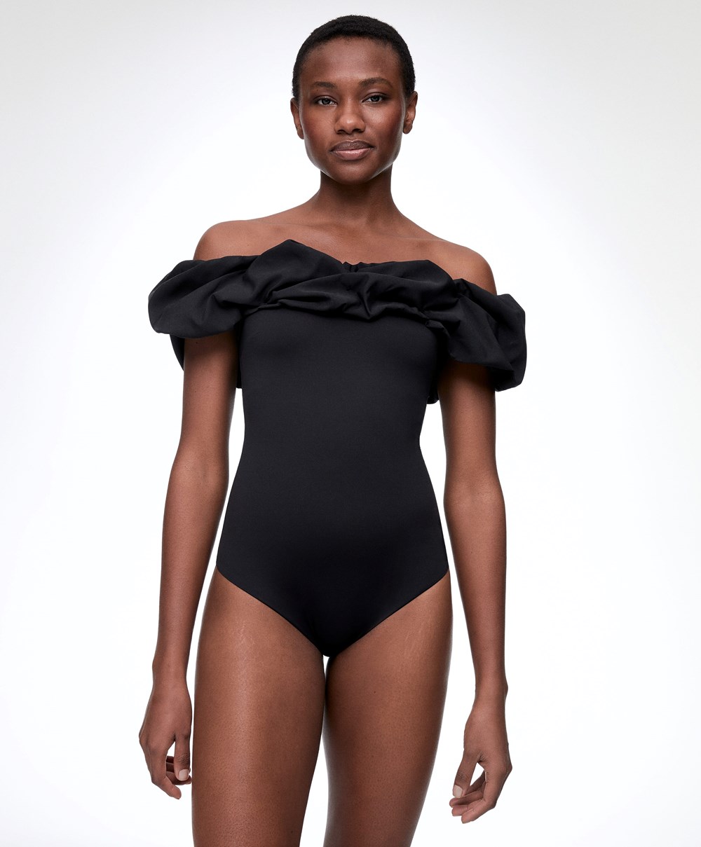 Oysho Ruffle Bandeau Swimsuit Svarte | LIBN59647