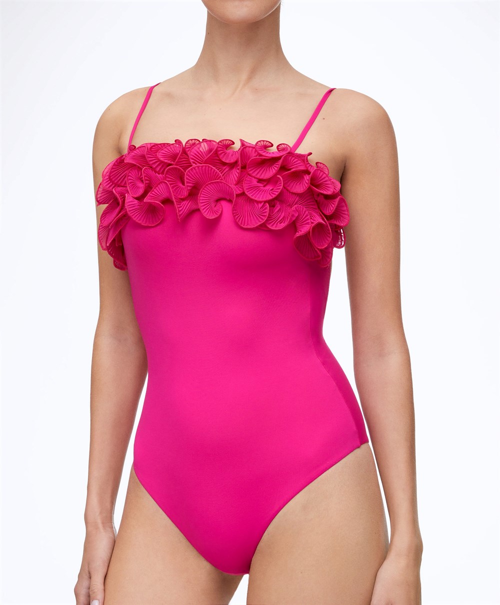 Oysho Ruffled Bandeau Swimsuit Fuchsia | UZVC83150