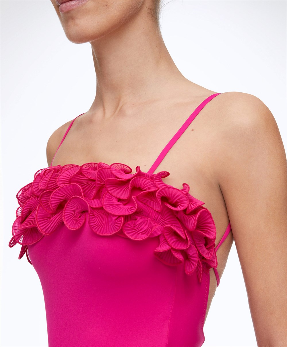 Oysho Ruffled Bandeau Swimsuit Fuchsia | UZVC83150