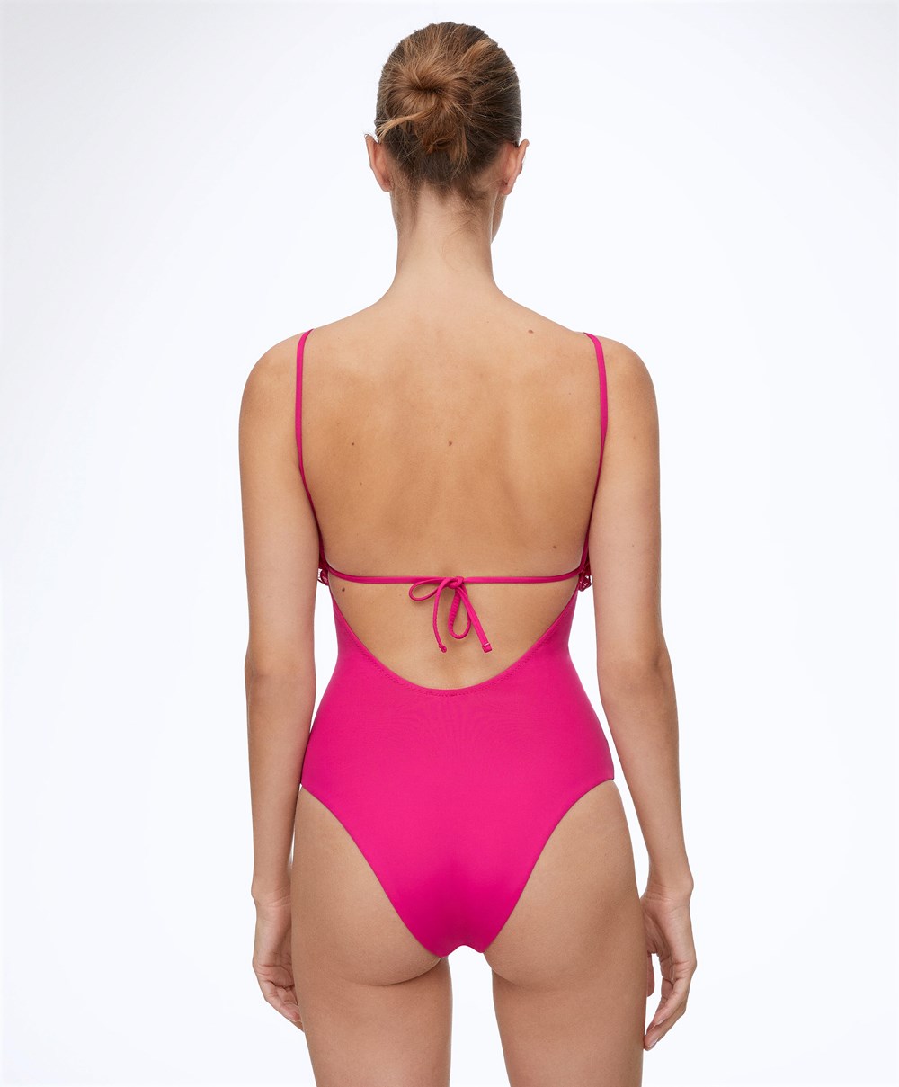 Oysho Ruffled Bandeau Swimsuit Fuchsia | UZVC83150