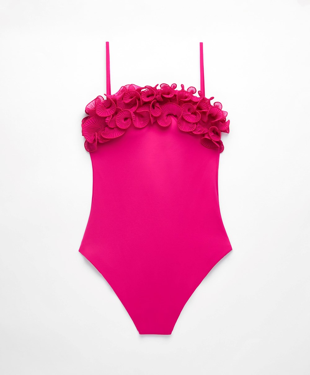 Oysho Ruffled Bandeau Swimsuit Fuchsia | UZVC83150