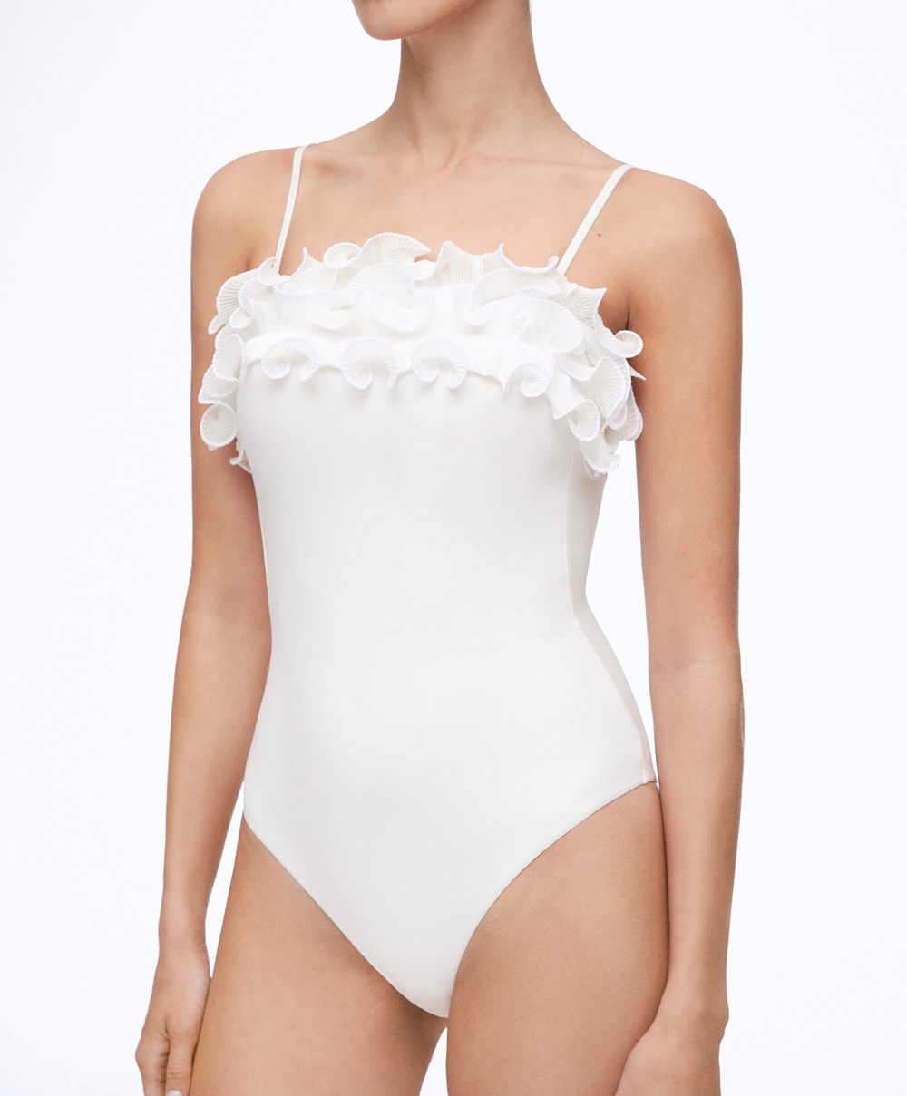 Oysho Ruffled Bandeau Swimsuit Hvite | SEAR73148