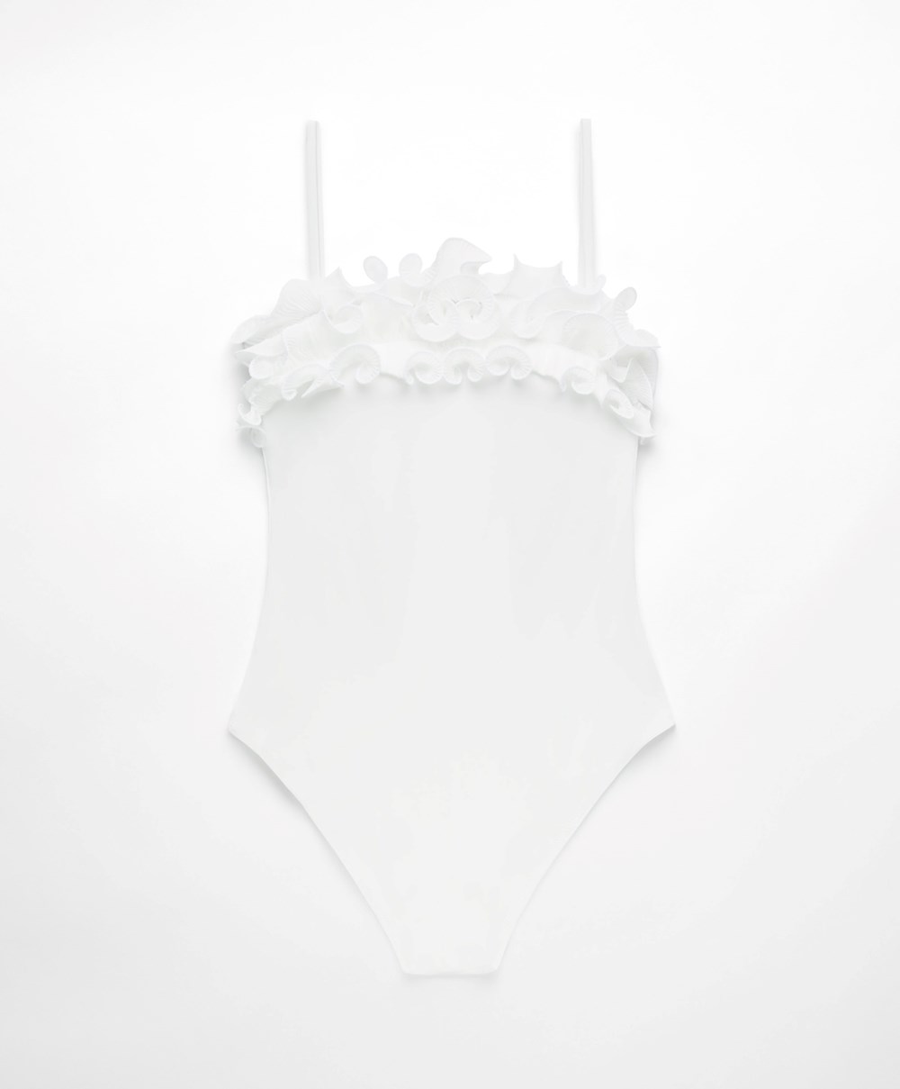 Oysho Ruffled Bandeau Swimsuit Hvite | SEAR73148