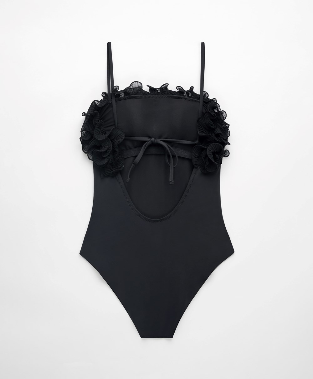 Oysho Ruffled Bandeau Swimsuit Svarte | BAIO04297