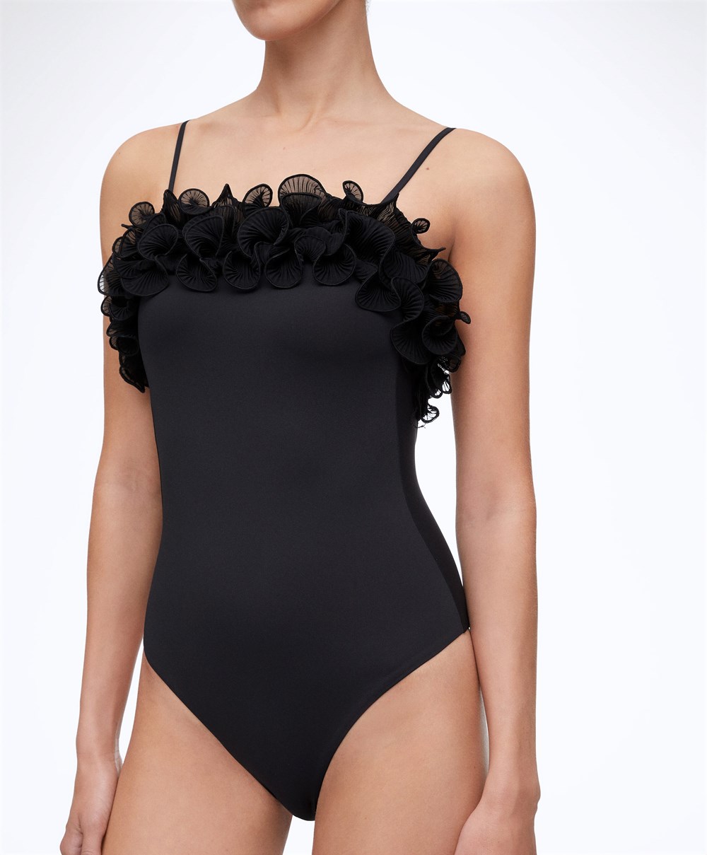 Oysho Ruffled Bandeau Swimsuit Svarte | COUT57801