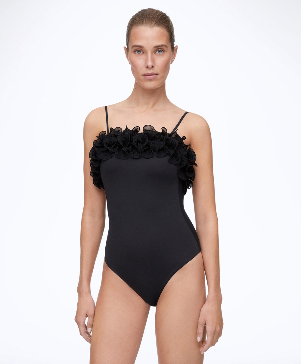 Oysho Ruffled Bandeau Swimsuit Svarte | COUT57801