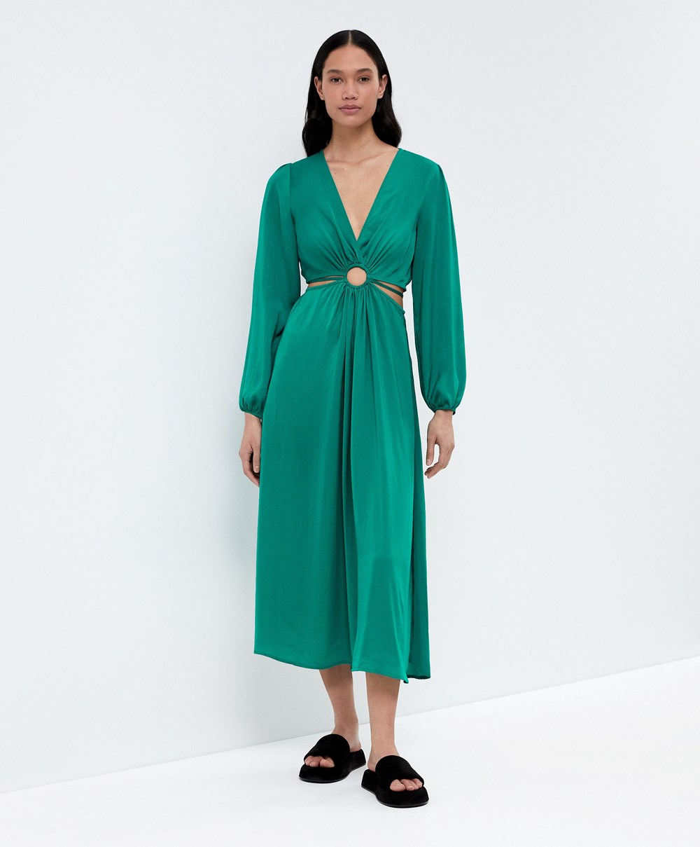 Oysho Satin Cut-out Long-sleeved Midi Kjoler Grønn | CJNS17836