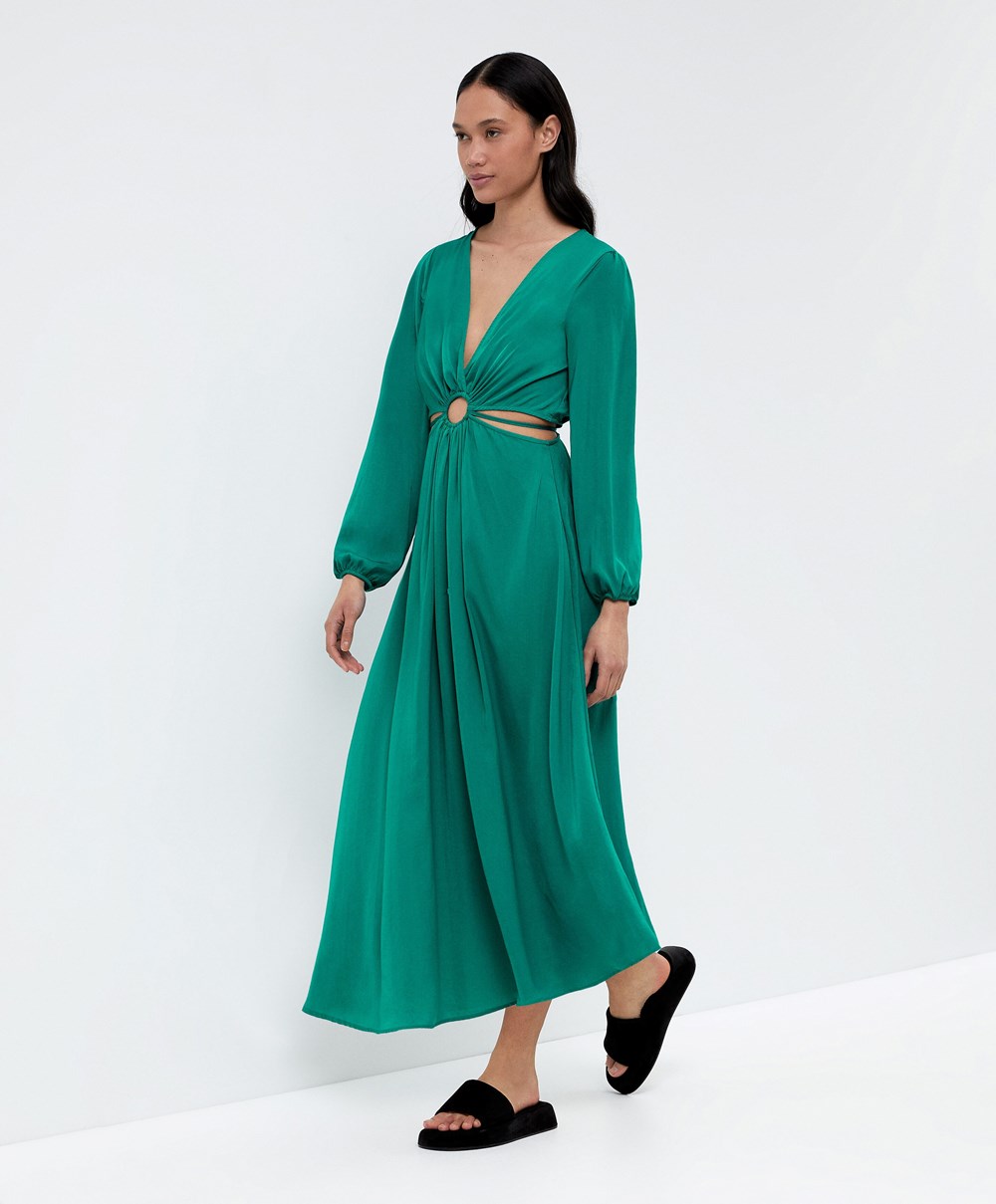 Oysho Satin Cut-out Long-sleeved Midi Kjoler Grønn | CJNS17836