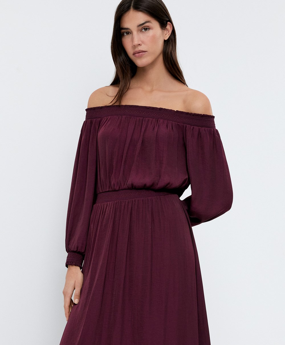 Oysho Satin Off-shoulder Long Kjoler Aubergine | FPSK04615