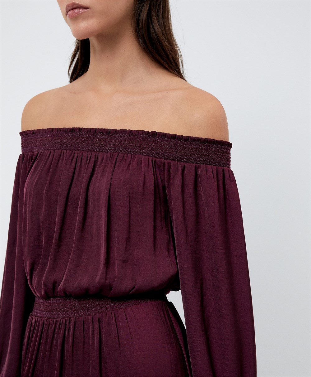 Oysho Satin Off-shoulder Long Kjoler Aubergine | FPSK04615