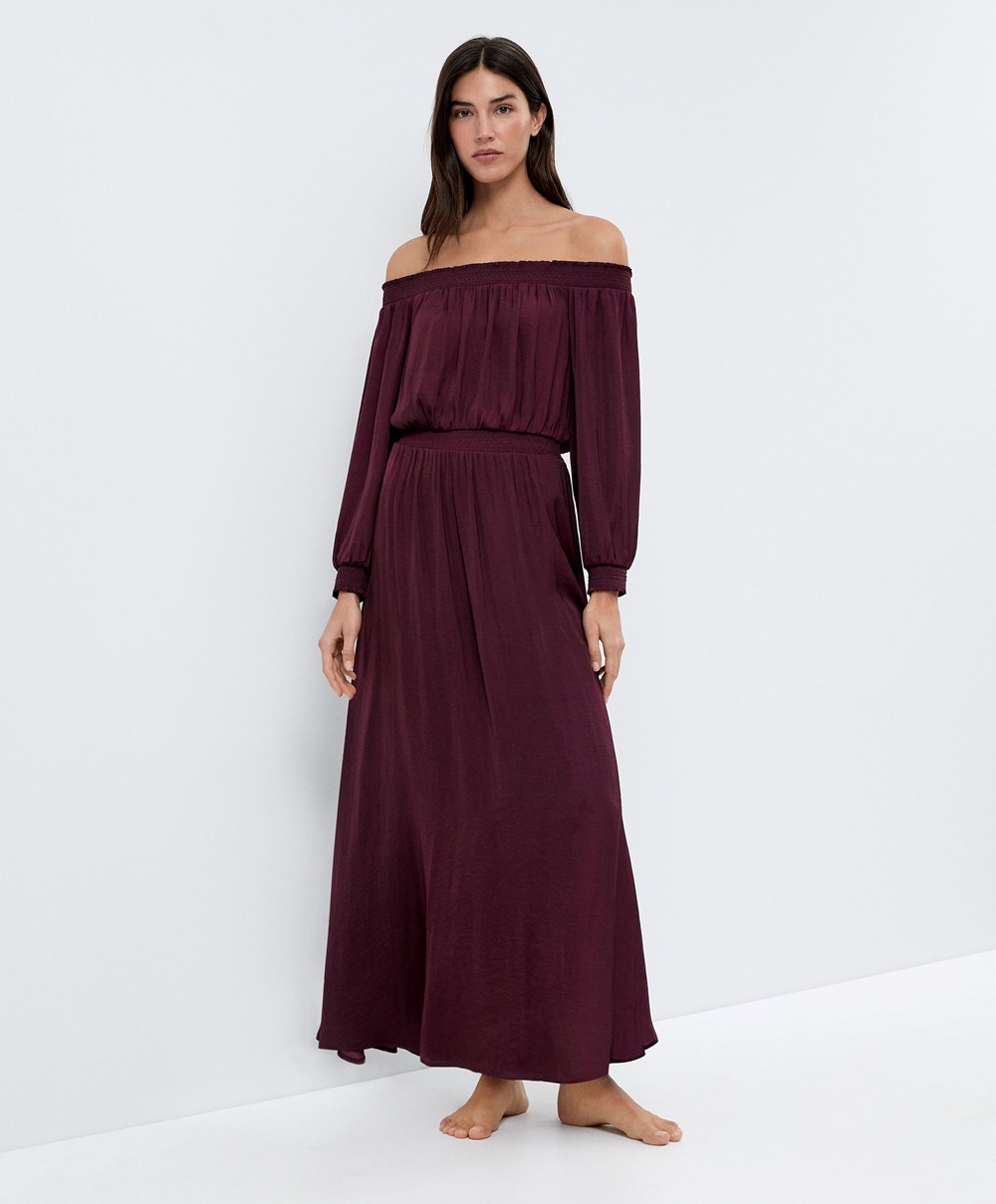 Oysho Satin Off-shoulder Long Kjoler Aubergine | FPSK04615