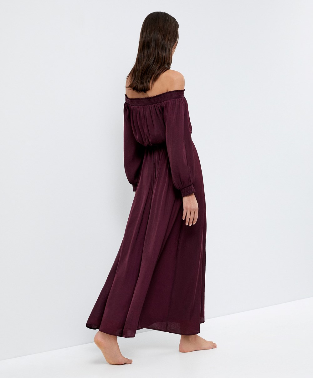 Oysho Satin Off-shoulder Long Kjoler Aubergine | FPSK04615