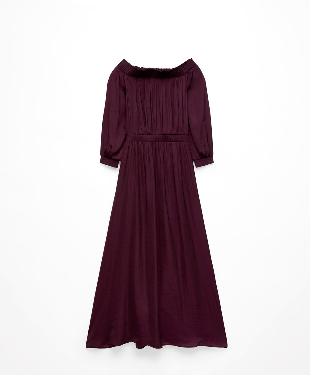 Oysho Satin Off-shoulder Long Kjoler Aubergine | FPSK04615