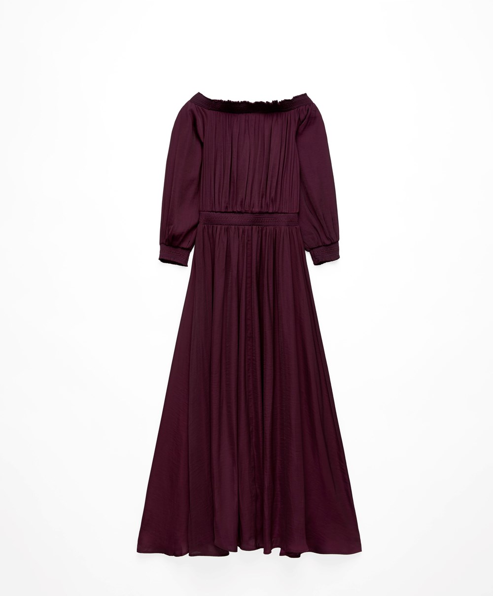 Oysho Satin Off-shoulder Long Kjoler Aubergine | FPSK04615