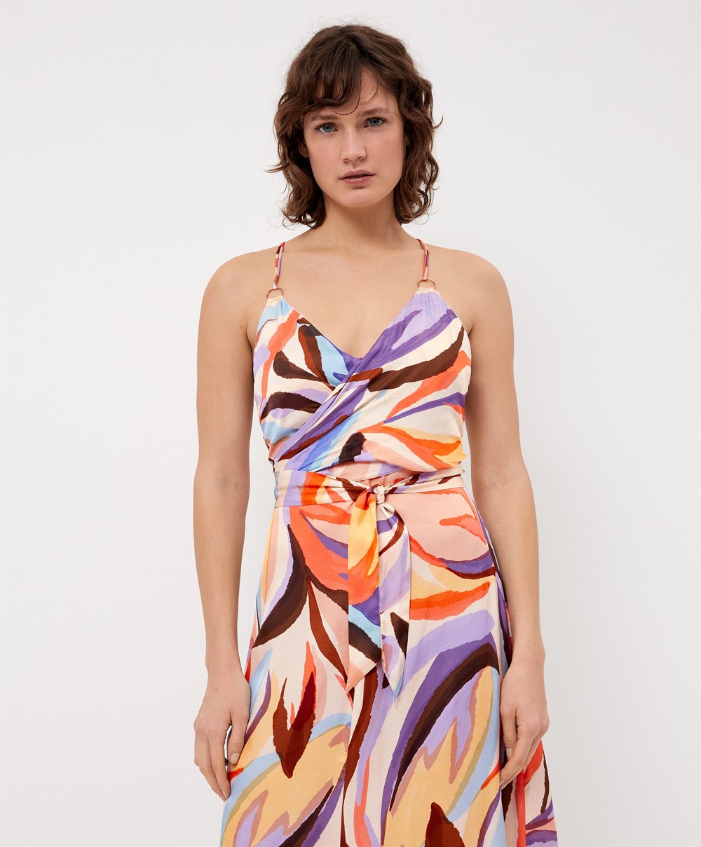 Oysho Satin Printed Strappy Long Kjoler Dyp Lilla | NQTF15398