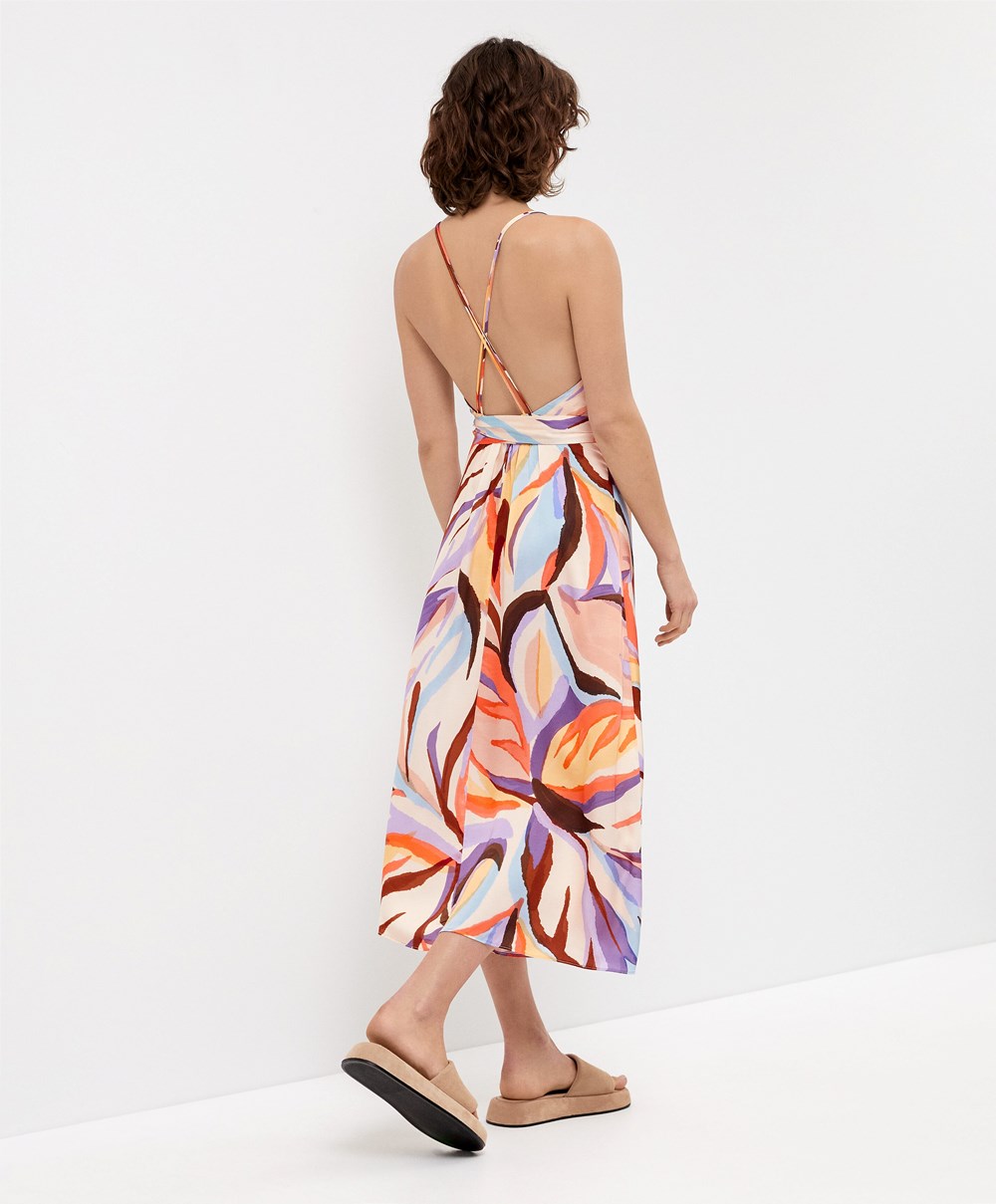 Oysho Satin Printed Strappy Long Kjoler Dyp Lilla | NQTF15398