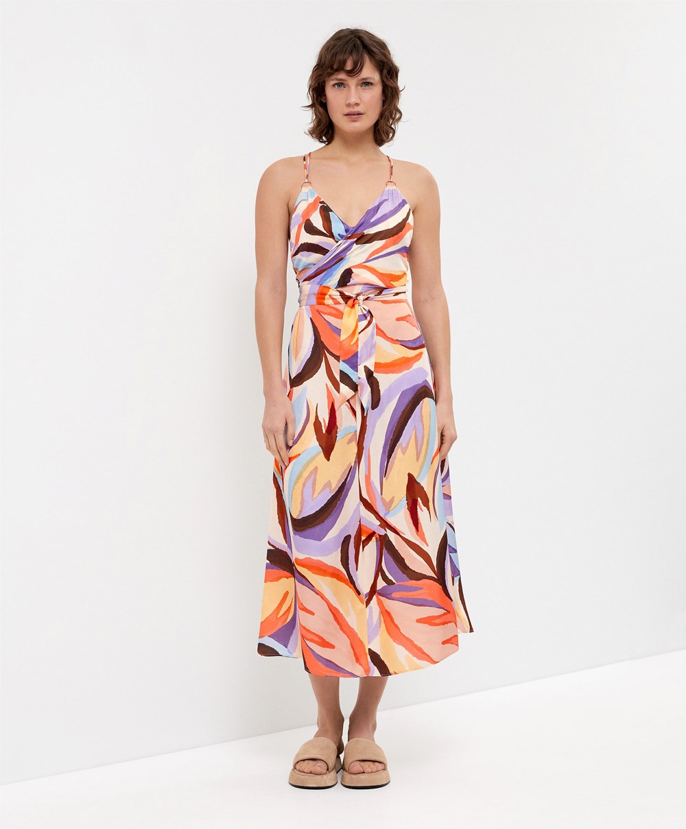 Oysho Satin Printed Strappy Long Kjoler Dyp Lilla | POAY41276