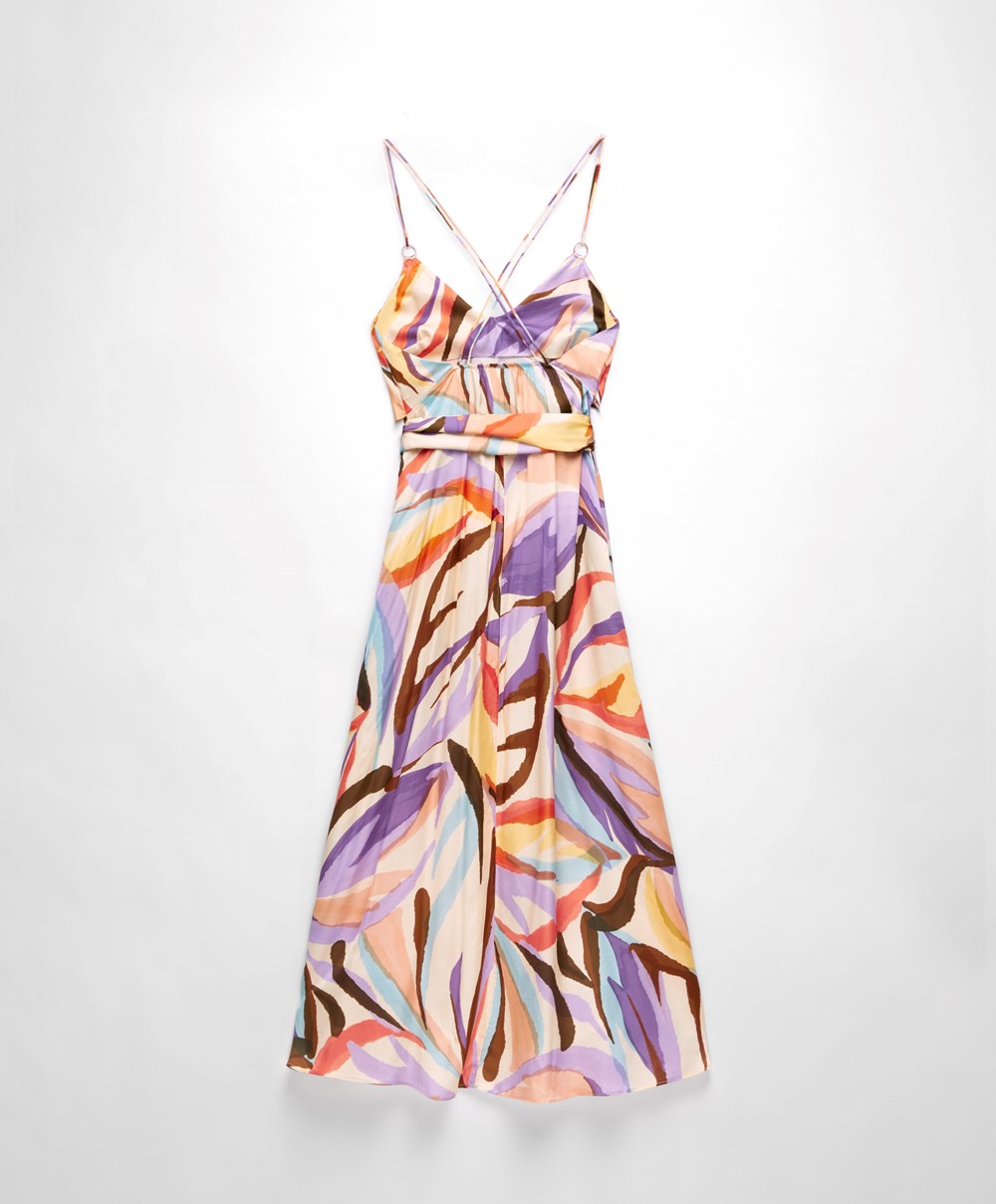 Oysho Satin Printed Strappy Long Kjoler Dyp Lilla | POAY41276