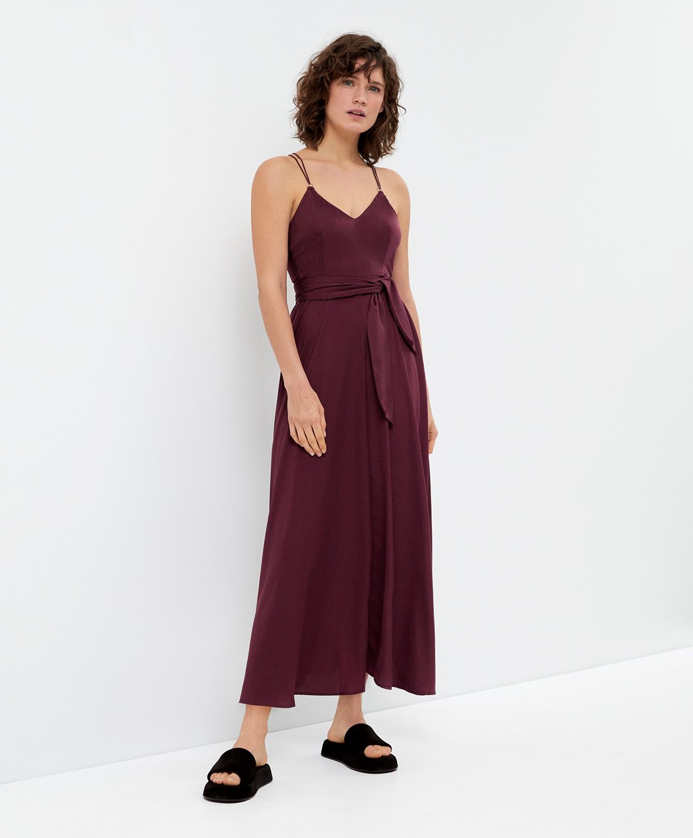 Oysho Satin Strappy Midi Kjoler Burgunder | UGBM65712