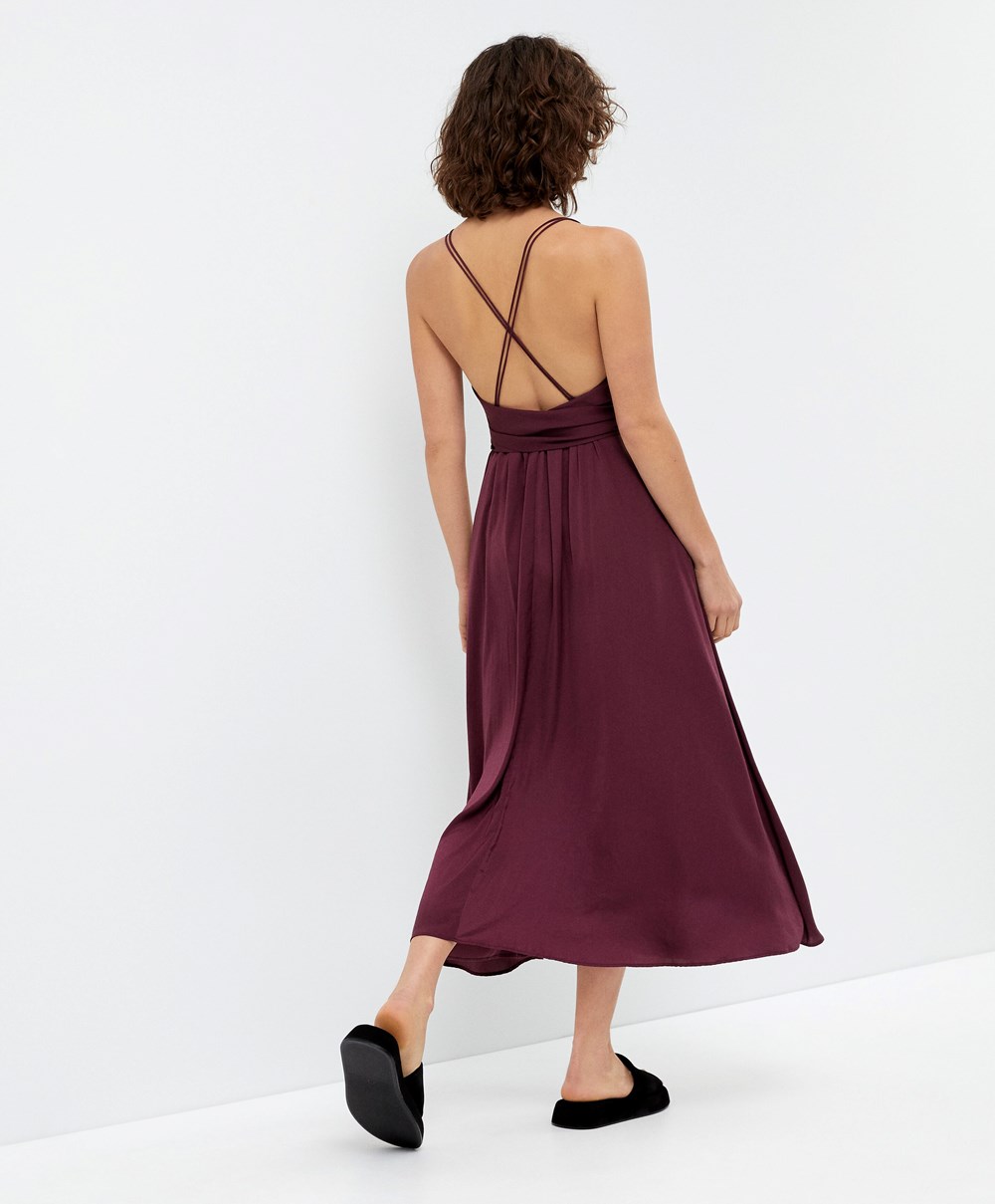 Oysho Satin Strappy Midi Kjoler Burgunder | UGBM65712