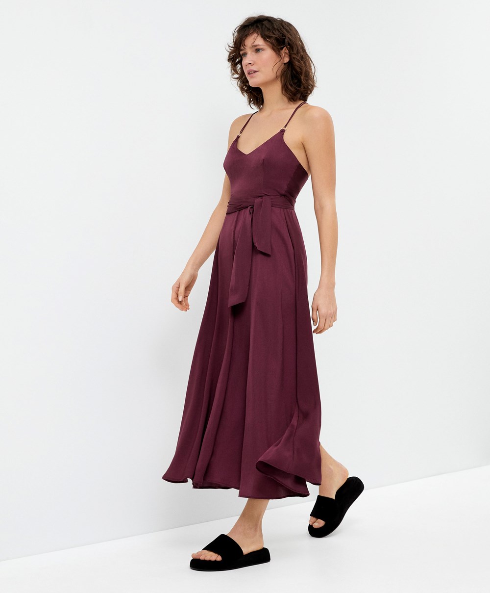 Oysho Satin Strappy Midi Kjoler Burgunder | UGBM65712