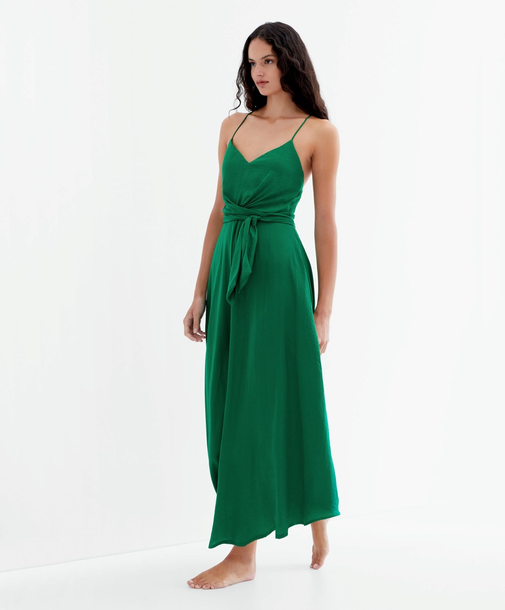 Oysho Satin Strappy Midi Kjoler Dyp Grønn | TWCA91465