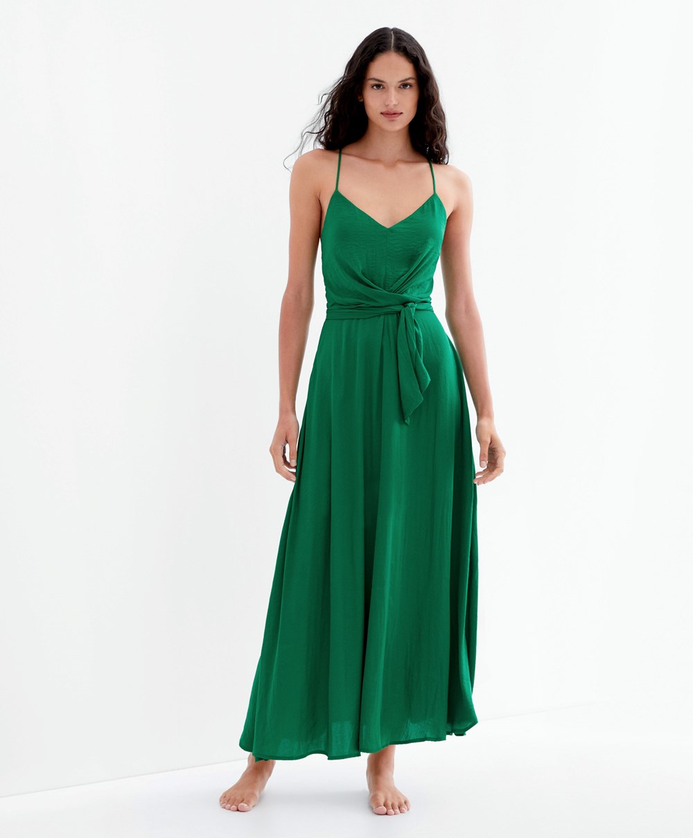 Oysho Satin Strappy Midi Kjoler Dyp Grønn | TWCA91465