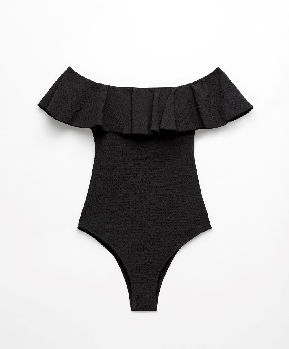 Oysho Seersucker Bandeau Swimsuit Svarte | GJFZ35142