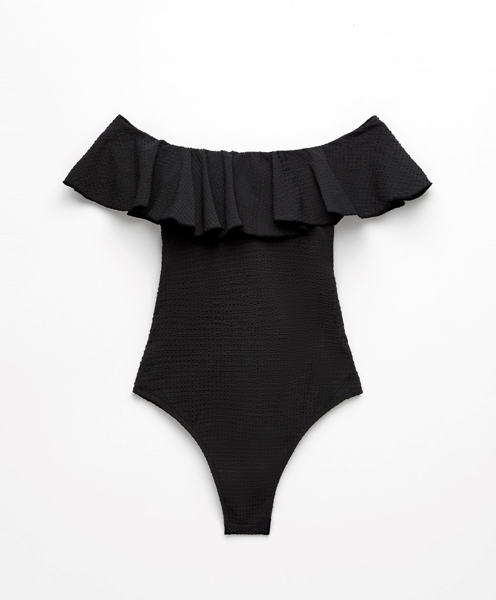 Oysho Seersucker Bandeau Swimsuit Svarte | GJFZ35142