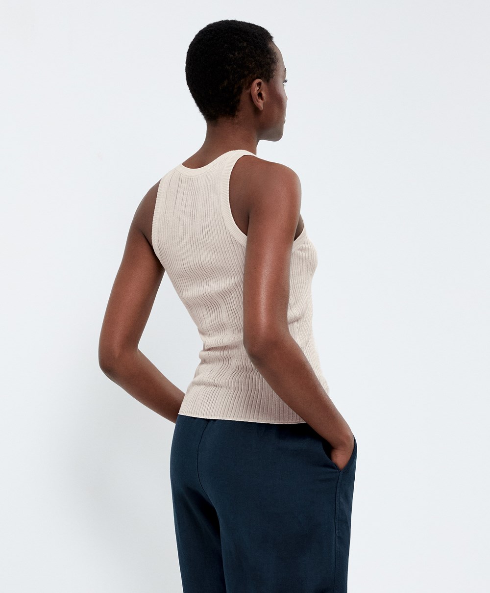 Oysho Semi-sheer Knit Vest Top Pale Sand | AFJI17395