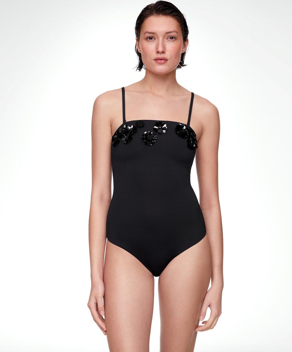 Oysho Sequinned Flowers Bandeau Swimsuit Svarte | ZYTS54986