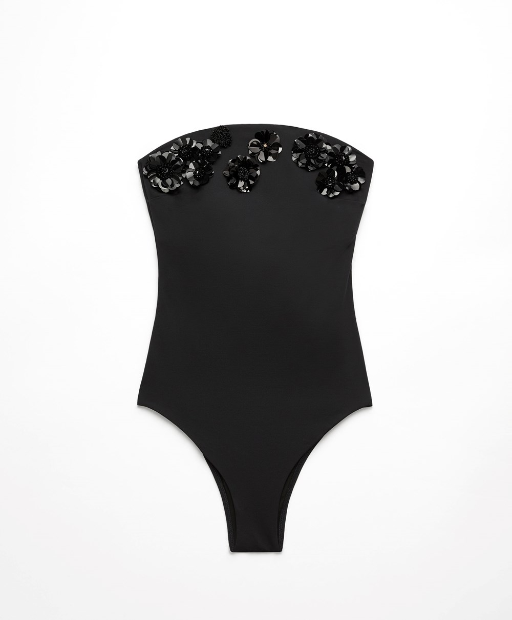 Oysho Sequinned Flowers Bandeau Swimsuit Svarte | ZYTS54986