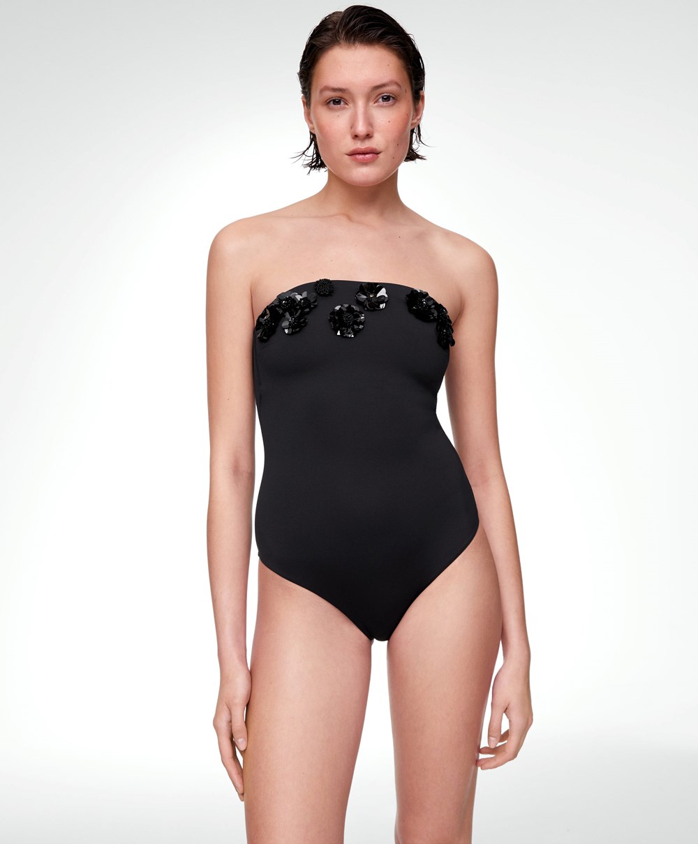 Oysho Sequinned Flowers Bandeau Swimsuit Svarte | ZYTS54986