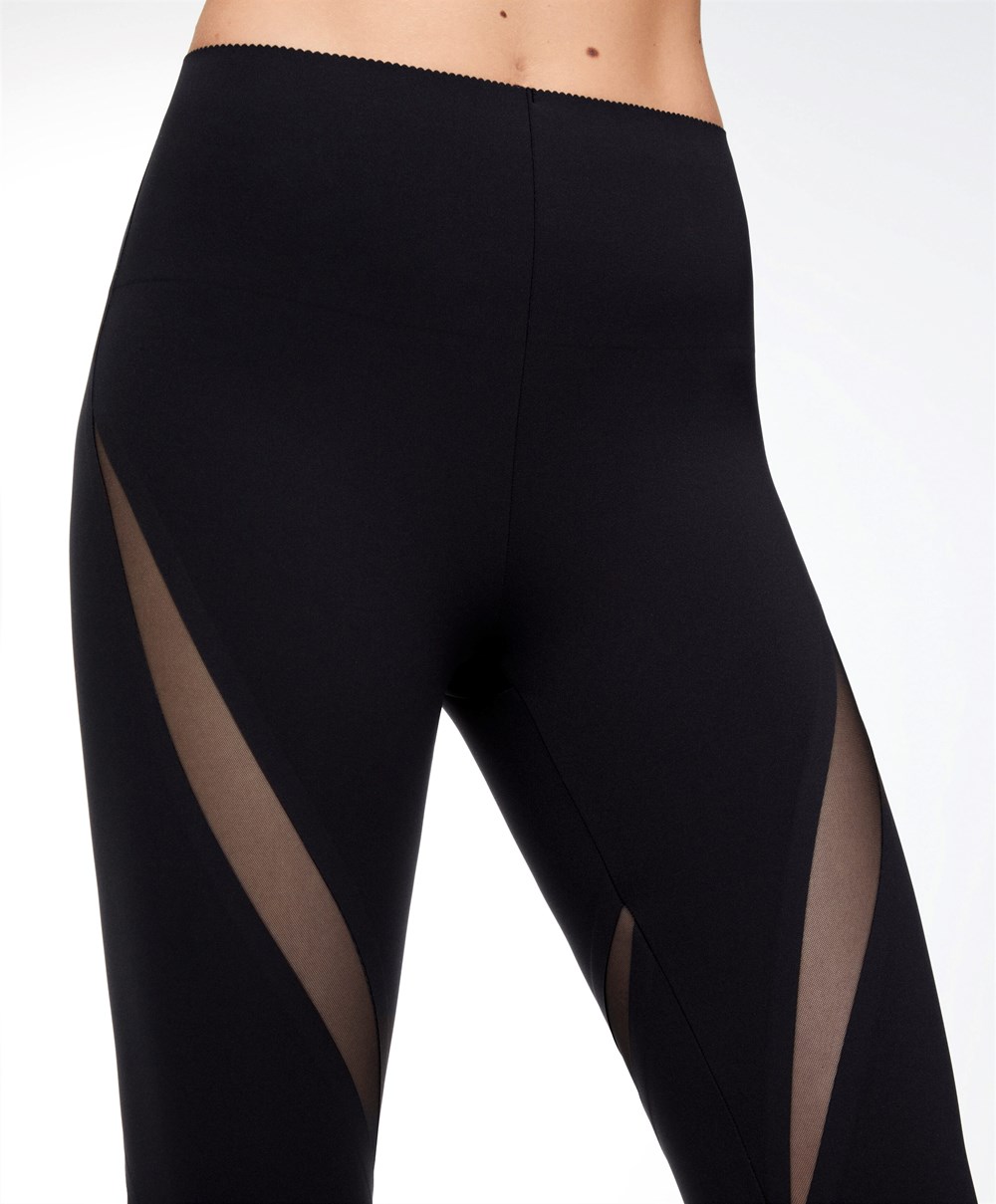 Oysho Sheer Panel 65cm Compressive Leggings Svarte | VOUS02538